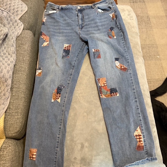 C Est. 1946 Denim - Women’s Patchwork Jeans Size 16 Blue Denim Straight Leg Boho Cottagecore